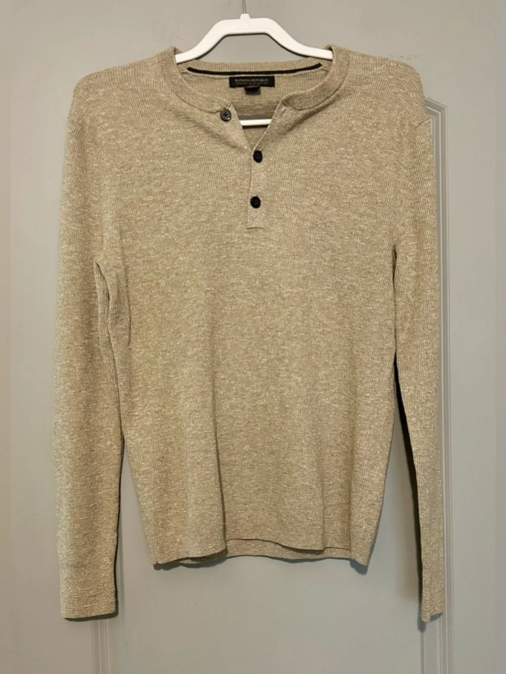 Banana Republic Slub Cotton Henley Sweater Tan Beige Size S | Button Neck